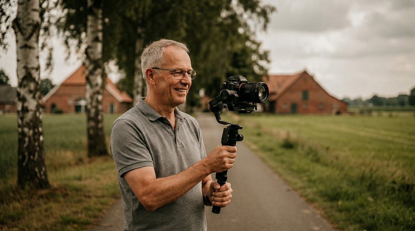Videograf filmt mit Kamera und Gimbal auf einem Feldweg im Münsterland